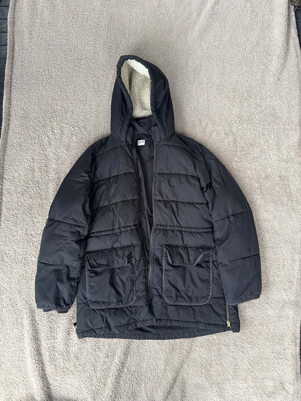 J.Crew Vail Puffer Coat Black Sherpa Hood